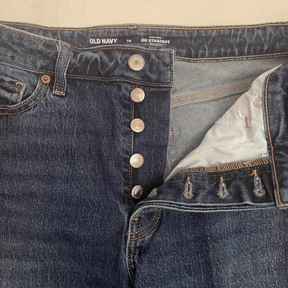 Old Navy Jeans High-Rise OG Straight Size 14 Regular Dark Wash Raw Hem - Picture 5 of 9